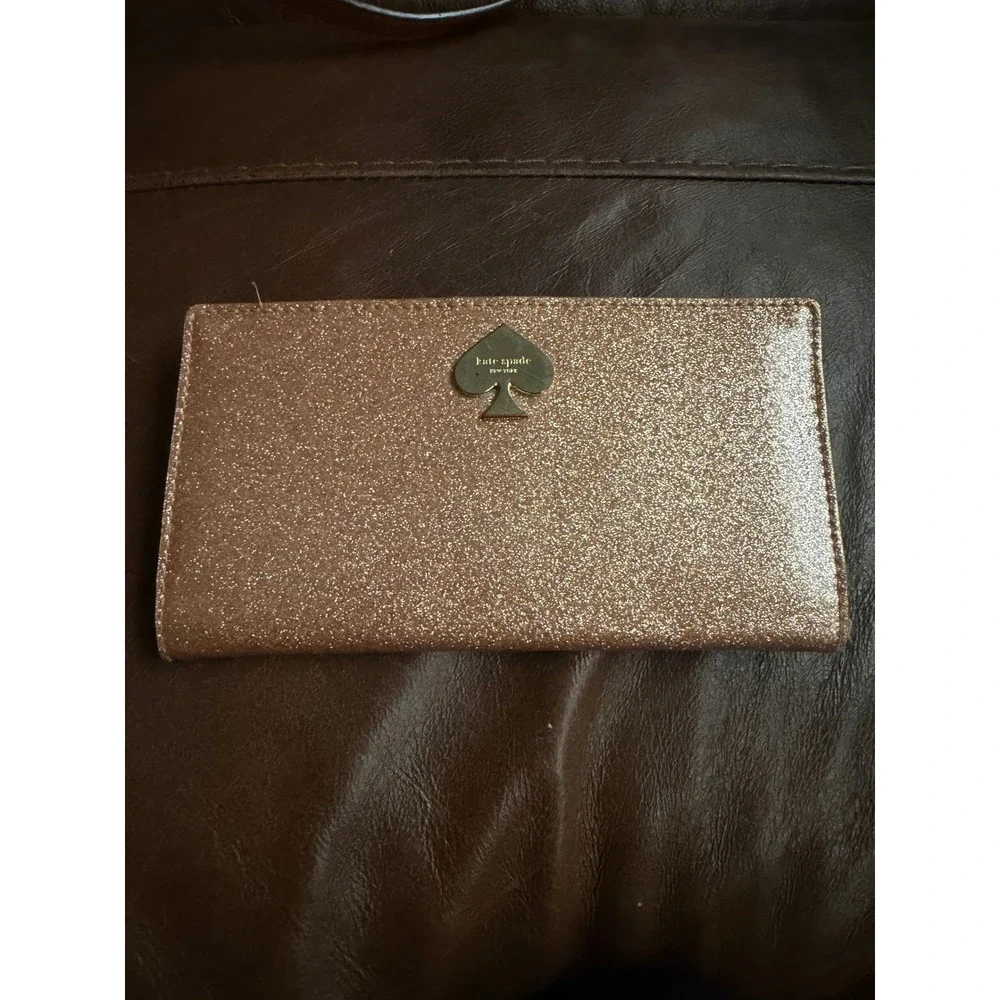 Kate Spade New York Rose Gold Glitter Slim Bifold Wallet with ID Window
